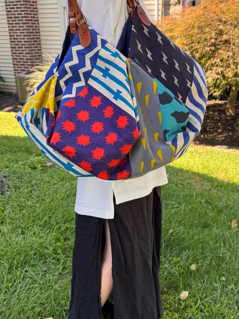 Patchwork Multi-Color Shoulder Bag with Leather Straps - Picture 2 of 12